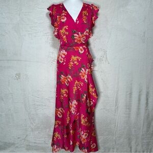 Ava & Aiden Vibrant Flowy Fucia Wrap Dress V Neck Maxi Ruffles Women’s sz Small